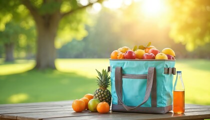 Cooler bag full of fresh fruit, pineapple, apples, oranges, lemons. Placed on wooden table outdoors in park or garden. Bottle of drink nearby. Summer picnic vibes. Healthy snack.
