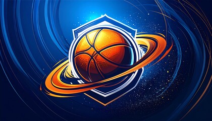 Basketball graphic with a shield and rings
