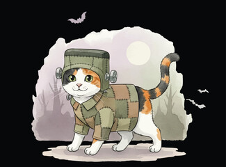 A Calico cat wear the botchy hat and shirt look like Frankenstein