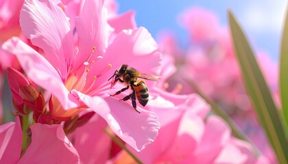 Bee on Pink Flower Close Up