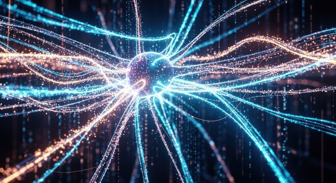 Glowing connections converging on central point with light trails