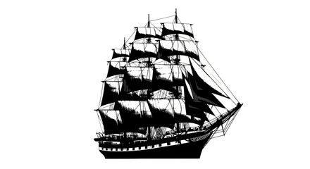 Majestic silhouette of a fully rigged sailing ship against a pristine white backdrop
