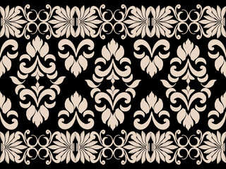 vector Design, Victorian Damask Pattern,Cream,Black background,Vintage style Luxury,Oriental Ethnic,Traditional,Aztec Abstract,for Surface,Fabric,Clothing,Textiles and Decor Classic Seamless Pattern.