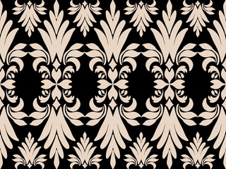 vector Design, Victorian Damask Pattern,Cream,Black background,Vintage style Luxury,Oriental Ethnic,Traditional,Aztec Abstract,for Surface,Fabric,Clothing,Textiles and Decor Classic Seamless Pattern.