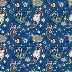 vector design, Paisley pattern, Blue background, luxury vintage style, ethnic oriental, traditional, abstract aztec, for texture, fabric, clothing, textile and decoration, classic seamless pattern.