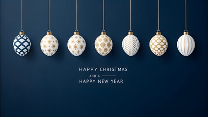 Elegant Christmas Ornaments Hanging on a Dark Blue Background with Holiday Greetings