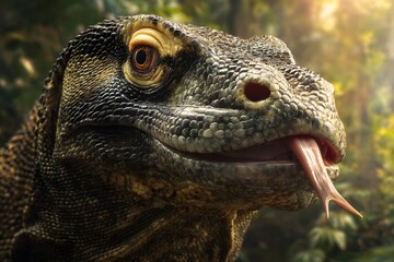 A Komodo dragon flicks its tongue as it moves through the jungle, revealing detailed scales and a focused reptilian eye.
