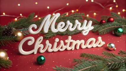 Holiday greeting with evergreen branches ornaments and string lights on red