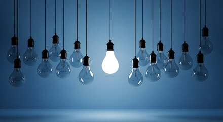 One of Lightbulb glowing among shutdown light bulb in area with copy space for creative thinking , problem solving solution and outstanding concept by 3d rendering technique.