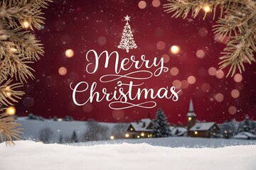Holiday Season Greeting Card with Snowy Village and Pine Branches
