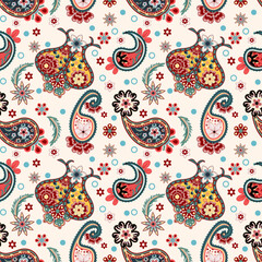 vector design, Paisley pattern, Bright colors ,white background,vintage style, ethnic oriental,traditional,abstract aztec,for texture,fabric, clothing,textile and decoration,classic seamless pattern.