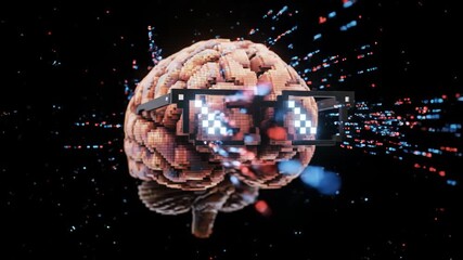 Brain with Pixel Glasses in Cyber Space - Powered by Adobe