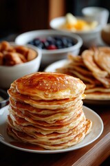 Fluffy pancakes stacked high with syrup drizzle and fruit in background