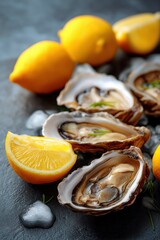 Fresh oysters with ice and lemons on dark slate background