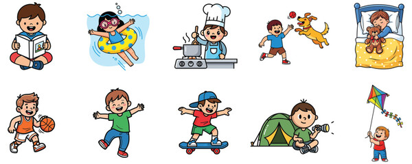 Kids Activities Collection - Cartoon Children Playing, Reading, Swimming, Cooking, Sleeping, Sports, Camping, Skateboarding, Flying Kite Vector Illustration
