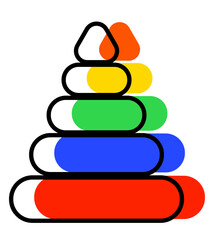Children's pyramid with different-colored pieces. Flat-style educational construction set icon. An isolated colored puzzle is outlined above with black outline. Develops child's intelligence