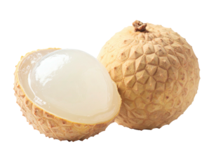 Two halves of a lychee fruit, showing juicy white flesh