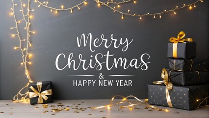 Elegant Christmas and New Year Greeting with Wrapped Gifts and String Lights