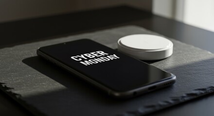 Smartphone displaying Cyber Monday text on dark surface indoors