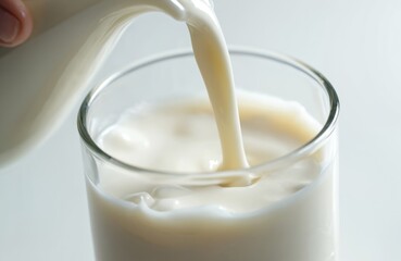 Milk stream pouring into clear glass creating splash. White dairy liquid, fresh beverage for healthy breakfast. Calcium rich drink, organic cow milk refreshment. Cold nourishment.