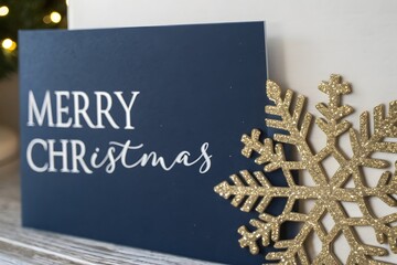 Holiday Greeting Card with Gold Snowflake Ornament on a Mantelpiece