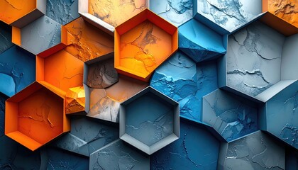 Abstract hexagonal pattern in orange, blue, and grey