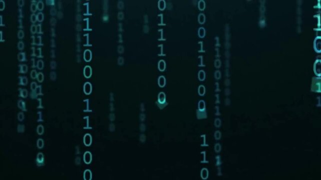 Binary data flow. Screen with green binary numbers rolling. Abstract green binary code background. Futuristic cyberspace. Concept of mining bitcoin.