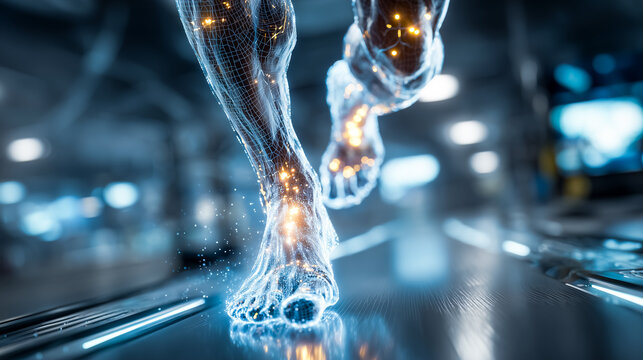 Futuristic depiction of a runner's legs on a treadmill with glowing energy.