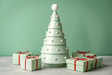 Mint Green Christmas Tree Decoration with Wrapped Presents against a Green Background