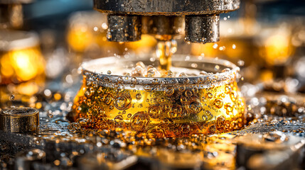Close-up of a machine filling a golden can with liquid, creating bubbles.
