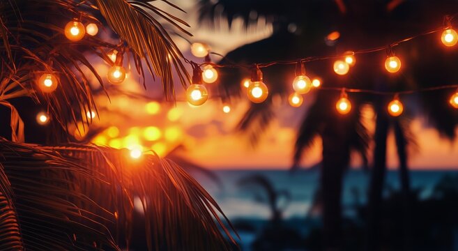 Warm Sunset Glow With String Lights Illuminating Tropical Palm Trees by the Ocean - Powered by Adobe