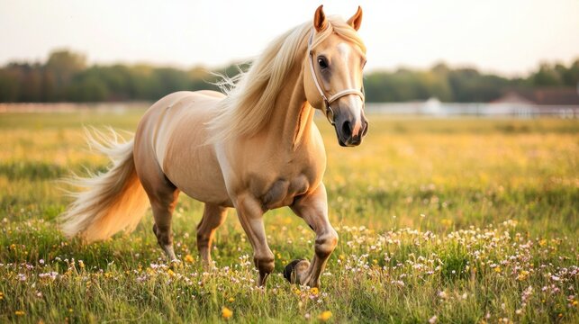 Running palomino horse in a vibrant meadow during golden hour nature photography outdoor setting