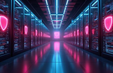 Fototapeta premium Futuristic server room with glowing neon shields on racks. Digital data streams flow on screens. High-tech control center monitoring network security, cyberattack interception strategies. Advanced