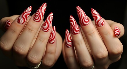 Female hands displaying long stiletto fingernails painted with a red and white swirled design suggesting a festive or candy cane theme against a dark backdrop Manicure Nail Art Long Nails
