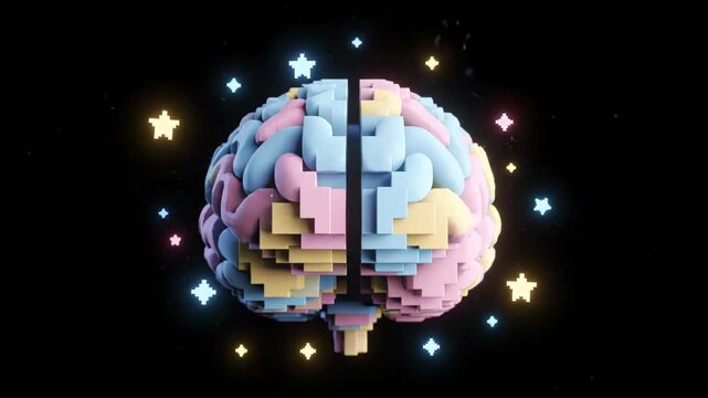 Concept of left and right brain hemispheres shown as a colorful voxel art model with glowing stars, symbolizing creativity and logic