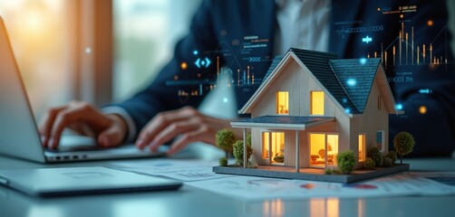 Investor analyzes model house with laptop. AI drives real estate business, tech influences property ventures. Digital data, charts, circuits overlay industry. Forward-thinking approach to housing