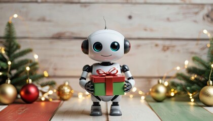 A cute little robot that smiles against the background of a New Year's interior, with a gift in his hands. The concept of New Year and Christmas
