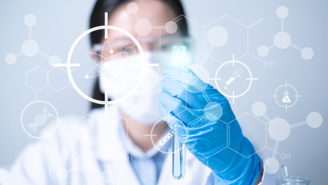 Professional young Asian woman scientist working in laboratory science research experiment pharmaceutical technician new innovation discovery scientific chemistry technology concept