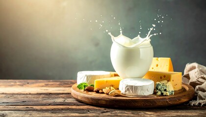 Creamy milk splashes near assorted cheeses