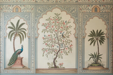 Mughalinspired wallpaper featuring a peacock, palm trees, and a flowering tree in arched panels