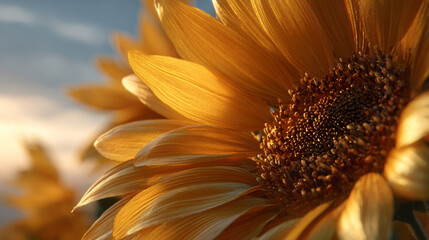 The image showcases a field of tall yellow flowers, with the focus primarily on a flower in the foreground