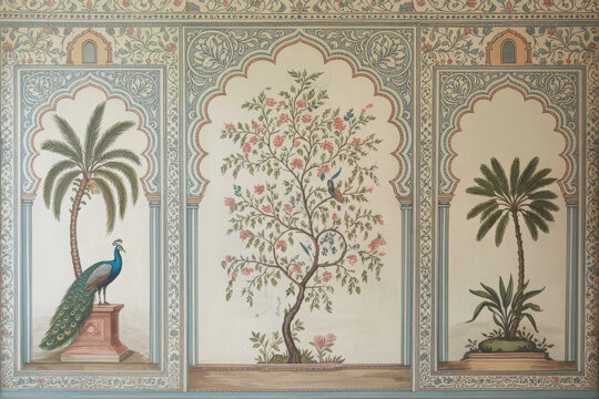 Mughalinspired wallpaper featuring a peacock, palm trees, and a flowering tree in arched panels