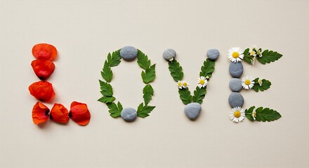 Nature speaks love &mdash; petals, leaves, stones, and daisies unite to form a heartfelt message on a soft canvas.