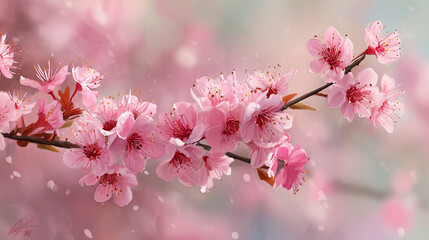 The image showcases a close up view of blossoming tree branches filled with delicate pink flowers. These blooms are attached to a slender, light brown branch that curves elegantly across the frame