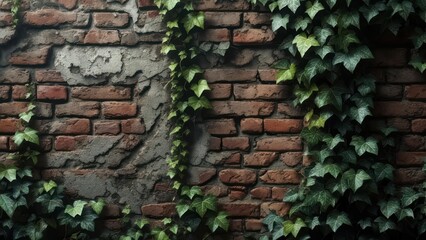 Aged brick wall covered in ivy