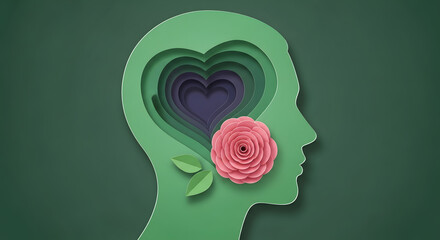 Mental Health Awareness Month Concept. Self Care, Positive Thinking, Happy and Optimistic Mind. Paper cut as a Head with a Rose Flowers on Brain