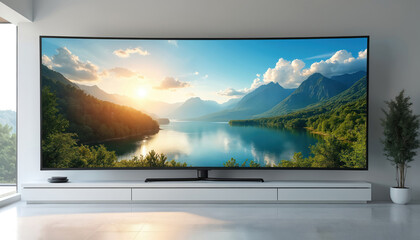 Fototapeta premium Modern living room features large screen TV displaying scenic lake, mountain landscape. White walls, large windows, minimalist furniture enhance vibrant nature scenery on screen. Home entertainment