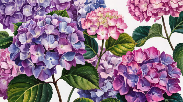 A vibrant watercolor painting of hydrangea flowers in full bloom isolated on white background - Powered by Adobe