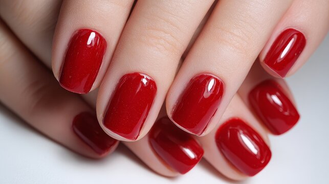 Elegant female hand close up with glossy red nail art at beauty salon showcasing fashion nails and nail polish - Powered by Adobe