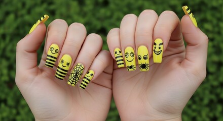 Bright yellow artificial fingernails showcasing a playful Halloween theme with black painted bees spiders cobwebs and smiling ghost faces Halloween nails yellow nails black nail art